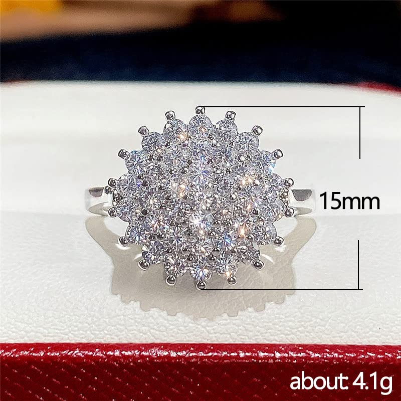 Mnyixsi 925 Sterling Silver Fake Engagement Ring Halo Faux Diamond Cubic Zirconia Studded Promise Ring for Her Flower Shaped Engagement Moissanite Ring Size 92