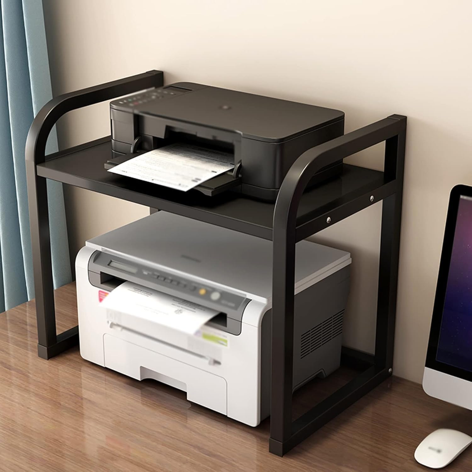 Soporte de madera para impresora de escritorio de 2 niveles, estante de almacenamiento multiusos para impresora, escáner, fax, monitor elevador de oficina en casa