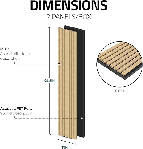 Miniatura 3 de Paneles acústicos con lamas de madera, paquete de 2, 94.5" x 11" x 5164" cada uno, de piso a techo, panel de madera para pared, para decoración de