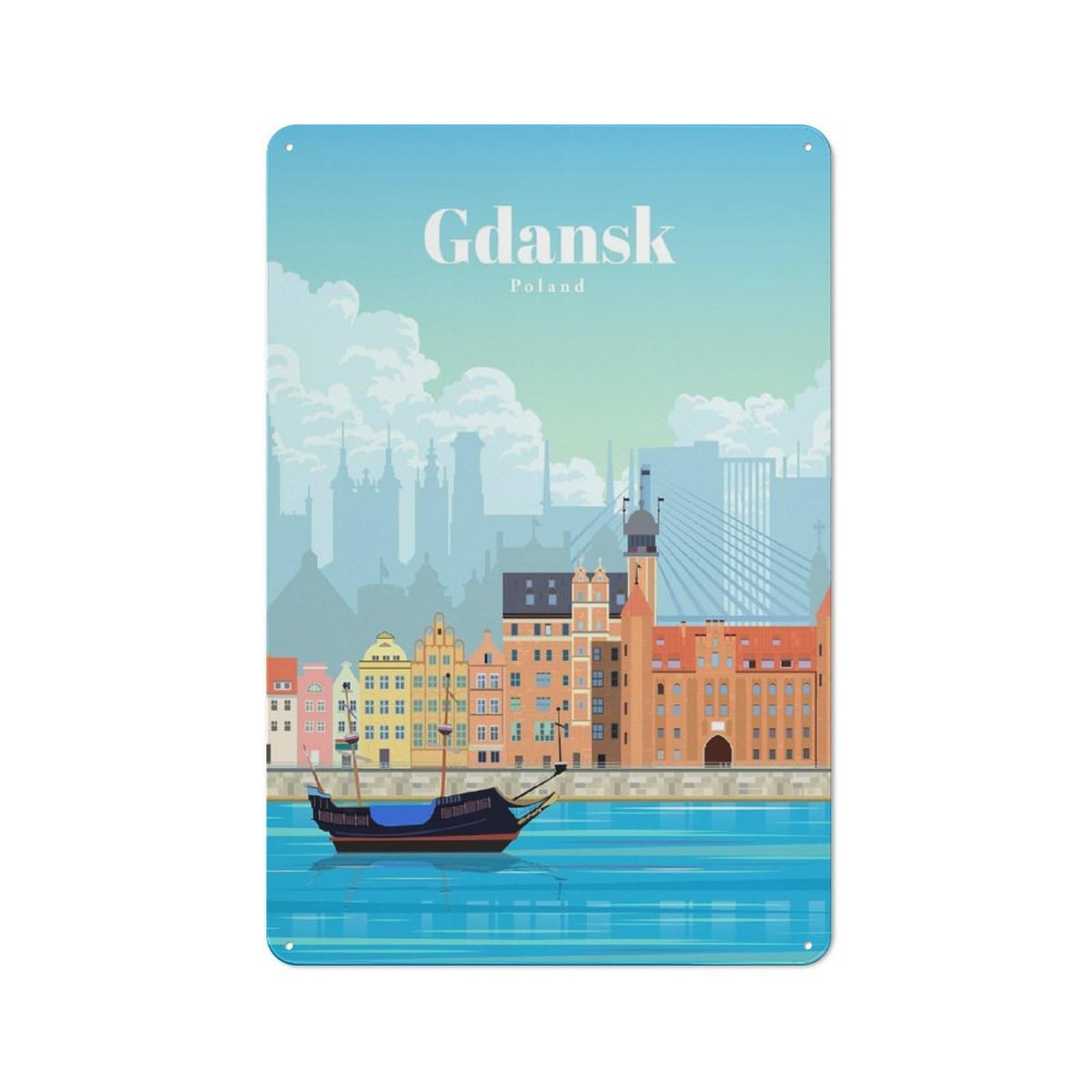 Junmoney Travel To Gdansk Tin Wall Sign, Bright Printed Design, For Man Cave, Tool Wall Or Office Corner, 30X20cm