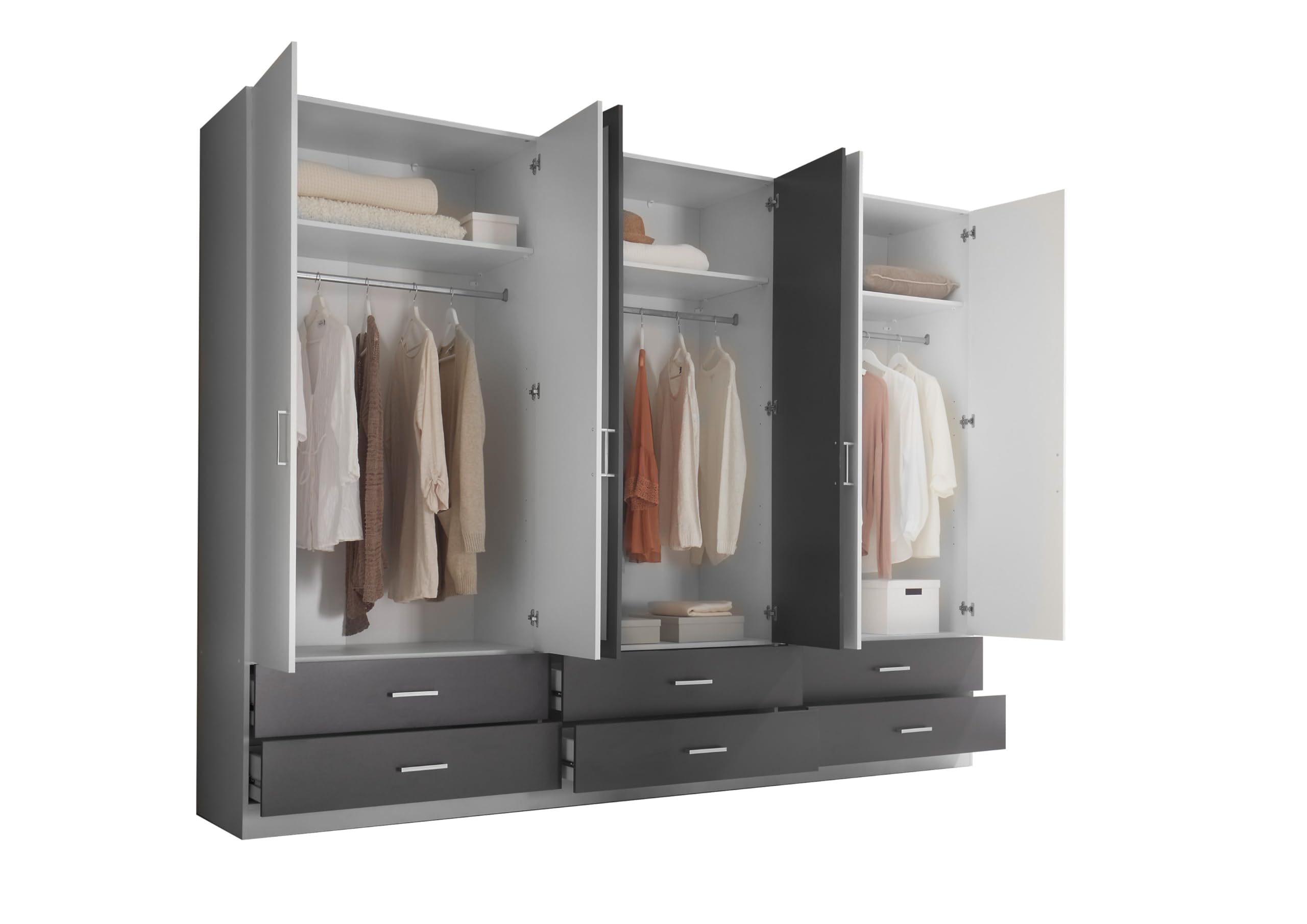 AVANTI TRENDSTORE Lambrugo - Armadio a 6 ante battenti, di cui 2 con specchio e 6 cassetti, in legno laminato di colore bianco/grafite. Misure ca. LAP 272x211x55 cm.