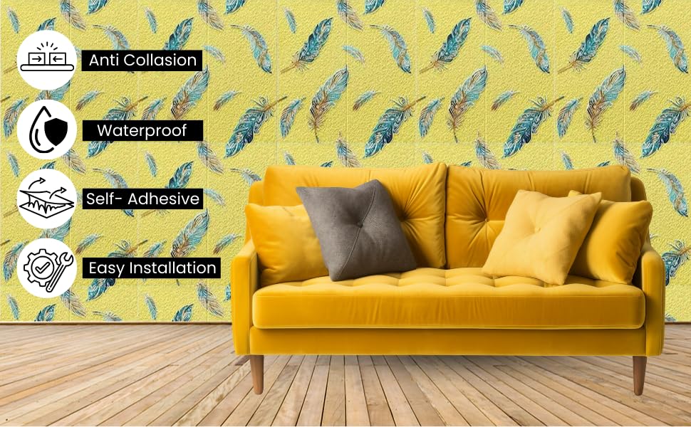 Image of KASHIVAL Self-Adhesive Waterproof PE Foam 3D Wall Panels Wallpaper Sticker for Bathroom, Living Room, Hotel and Home Decoration (70 x 70cm, Appx. 5.3Sq Feet) (JD Yellow Feather)