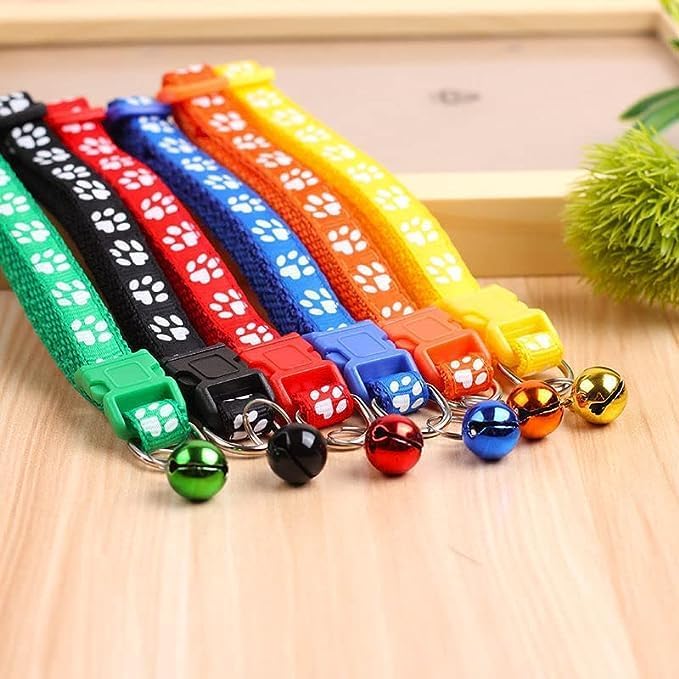 Image of Footprint Cat Collar with Bell Basic Dog Cat Collar I Buckle Adjustable Polyester Cat Dog Collar I with Bell 10 MM (Yellow Color)