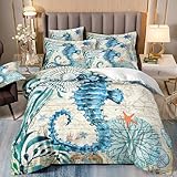 Seahorse Comforter Set Queen Size Ocean Animal Bedding Set 3pcs for Kids Teens Room Decor,Blue Sea Horse Marine Mediterranean Style Design Quilt Set Duvet Cover with 2 Pillowcases