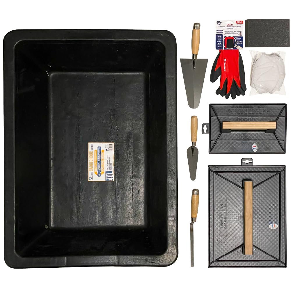 Kit d'Outils de Maçonnerie Caoutchouc & Pose Carrelage, Bricolage, lot de 10 outils - 1x Auge 40L, 2x Taloches, 3x Truelles, 2 Paires de Gants, 1x Eponge de Maçon, 1x Lot de 12 Masques FF2