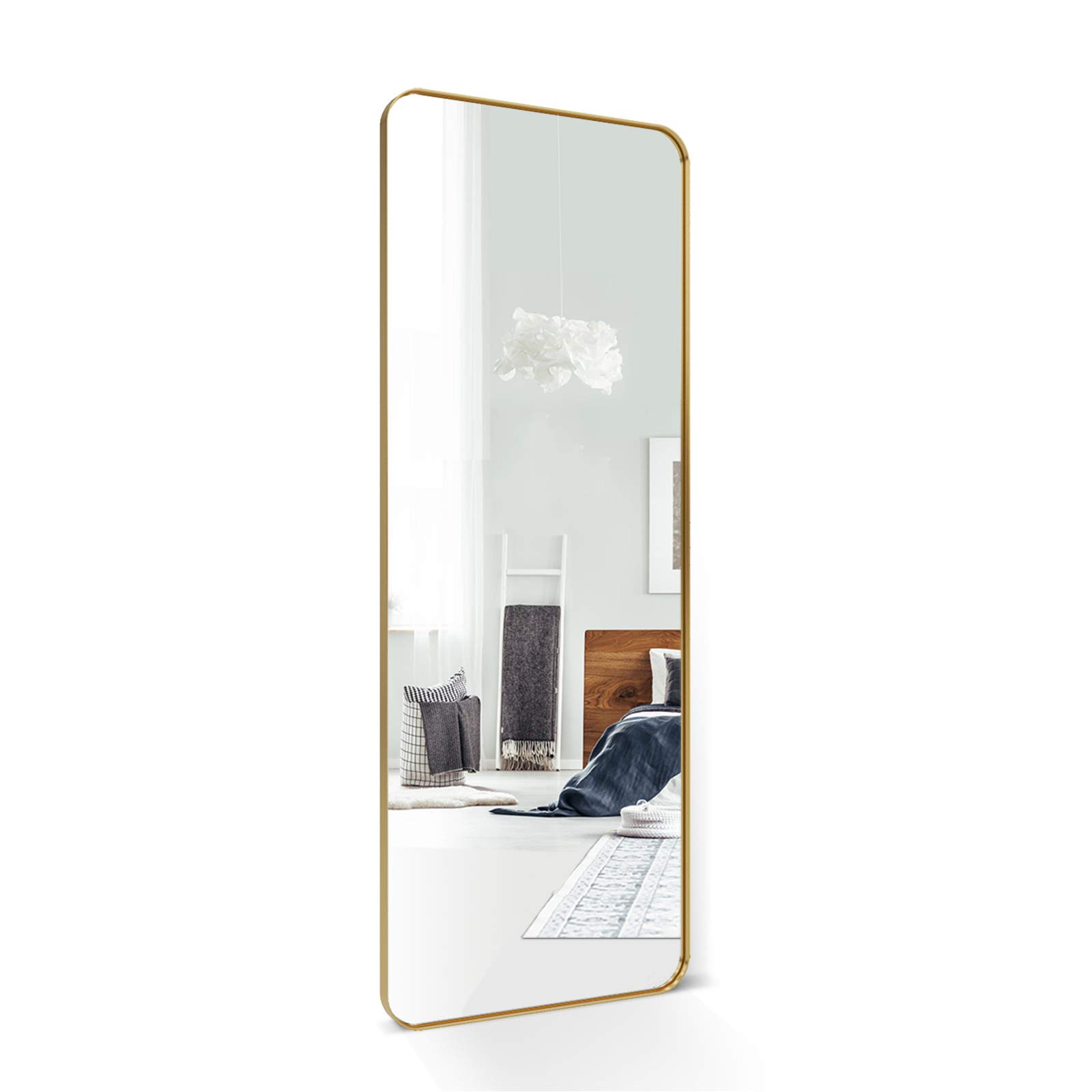 ANDY STAR 18" x 48" Full Length Wall Mirror, Large Brushed Gold Mirror for Bathroom, Rounded Corner Rectangle Body Mirror for Floor and Leaning