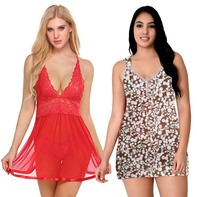 Image of Love Maker Soft Spandex Net Women Babydoll Honeymoon Nightwears Combo Small to 3XL