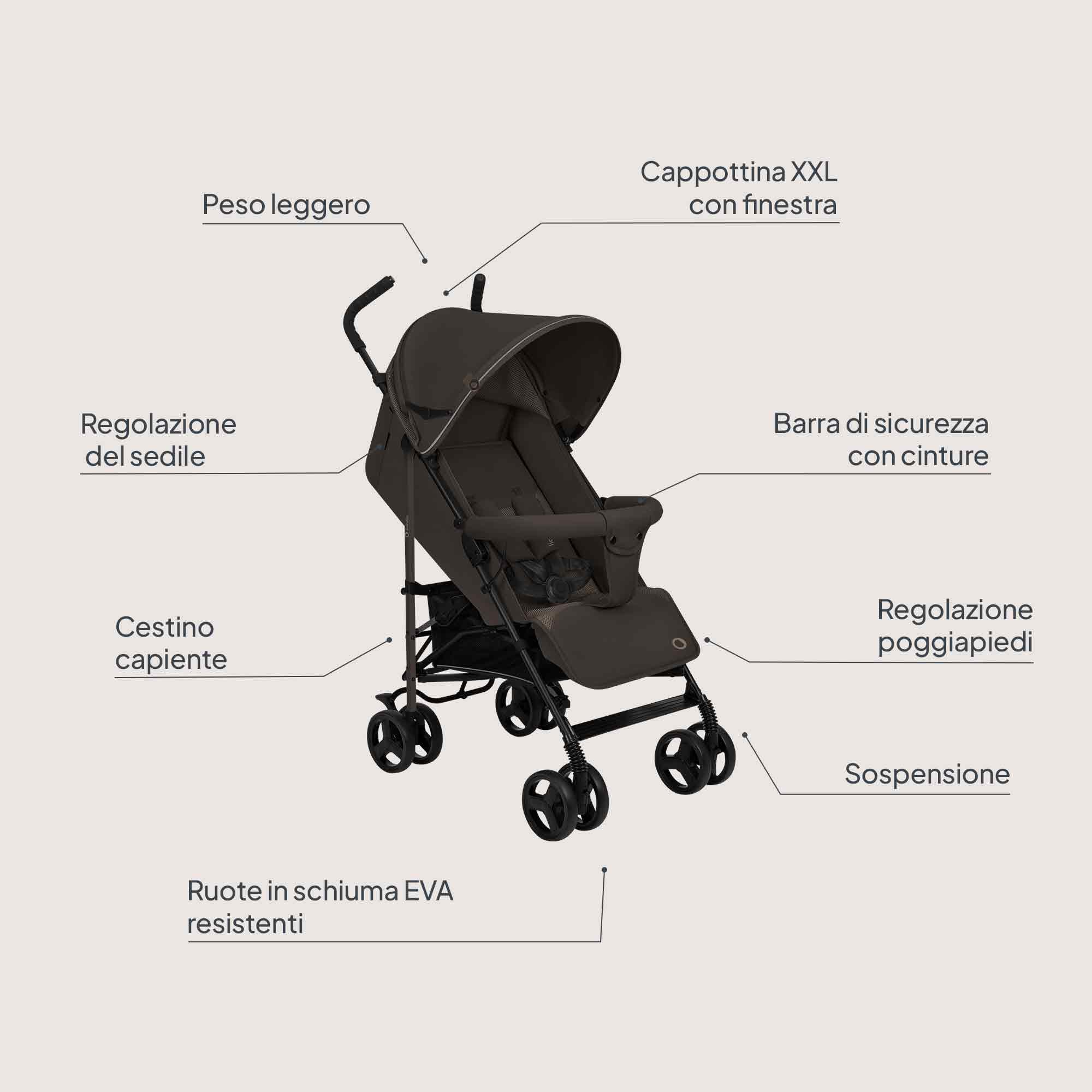 LIONELO ELIA Passeggino Leggero Pieghevole e Compatto da Viaggio per Bambini, Schienale Reclinabile Sdraiato, Cinture a 5 Punti, Cappottina UV e Grande Cestino Portaoggetti, 6-36 Mesi fino a 15 kg