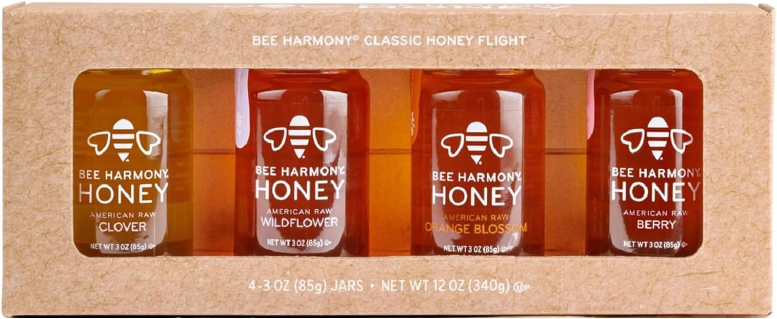 Bee Harmony Classic Honey Flight, Mini Honey Gift Set, 4 Jars, 3 OZ Each, Premium, Raw, Made in the USA