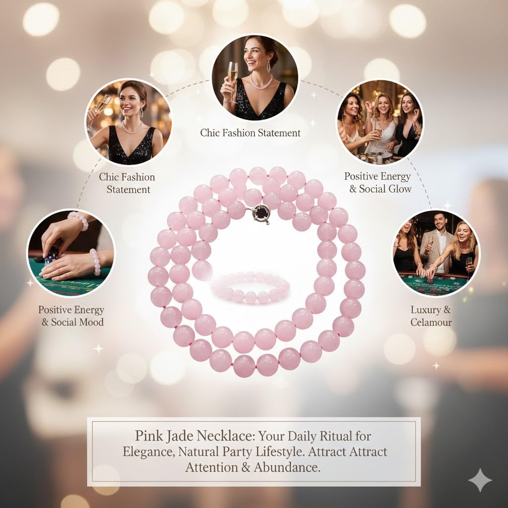 Pink Jade Necklace – 6mm Smooth Polished Round Beads, 22 Inch Handmade Natural Gemstone Jewelry | Elegant Bead Strand Necklace for Women | Fashion Gift Jewelry