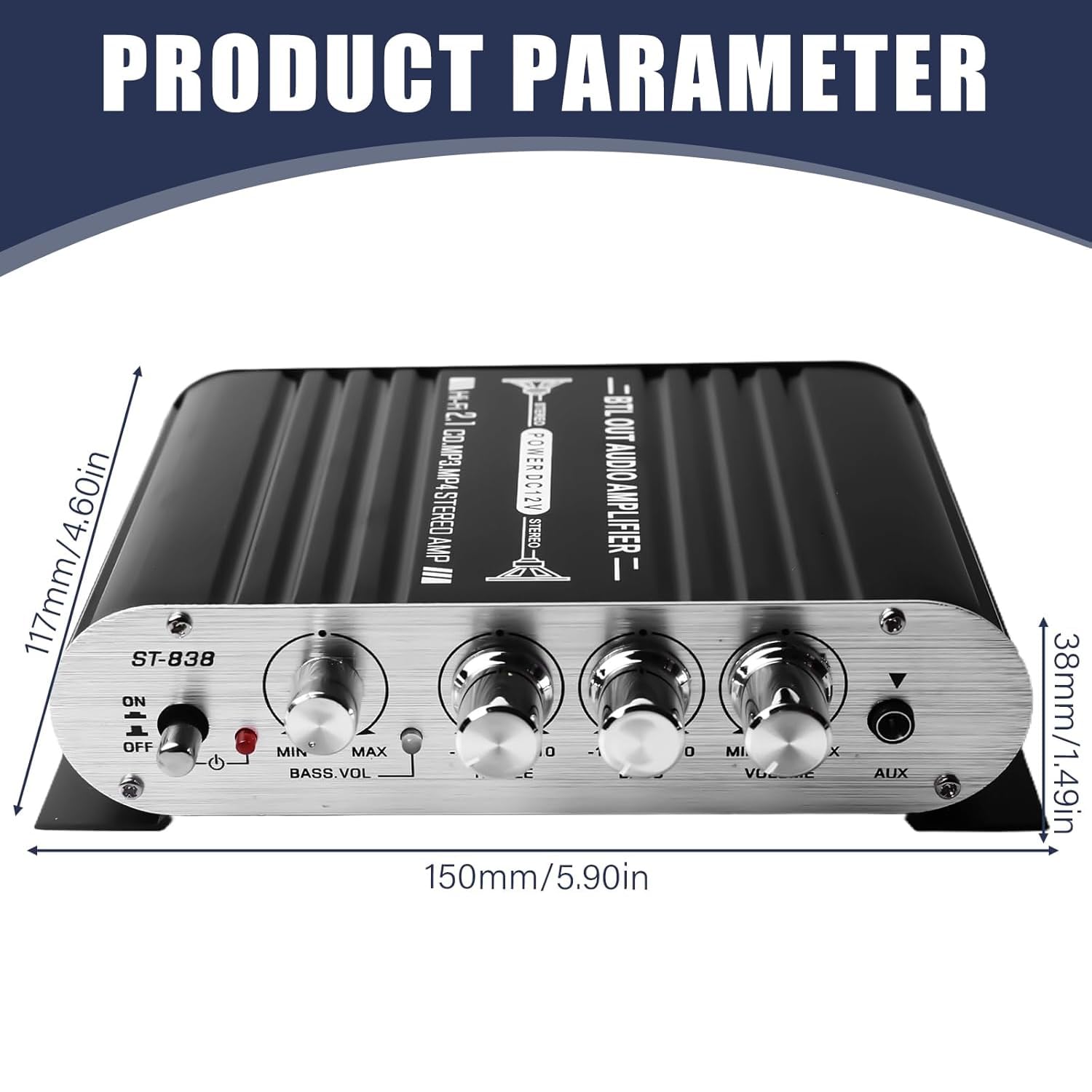 HiFi wzmacniacz audio, RMS 20 W x 2 + 40 W ST-838 mini wzmacniacz HiFi z wyjściem subwoofera, wzmacniacz stereo Class D 2.1CH z kanałem AUX do domu, głośnika samochodowego (w zestawie adapter sieciowy