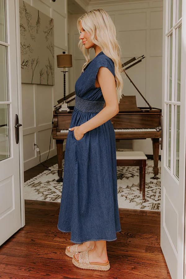 utcoco Womens Denim Dress Sleeveless V Neck Zip Up Smocked High Waist Ruffle A Line Long Midi Jean Dresses3