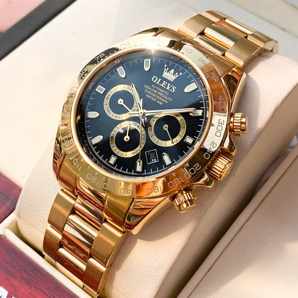 OLEVS Mens Watches Fashion Automatic Luxury Unidirectional Rotating Bezel Upgraded Mechanical Business Wrist Watches for Men Upgrade gold black