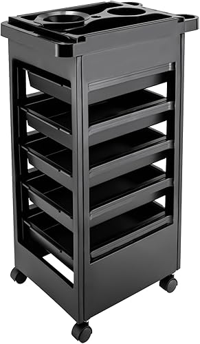 Miniatura 9 de Carrito profesional de salón, carrito de salón negro con asa y ruedas, 5 cajones y 2 soportes para secador de pelo, carrito de salón rodante, para
