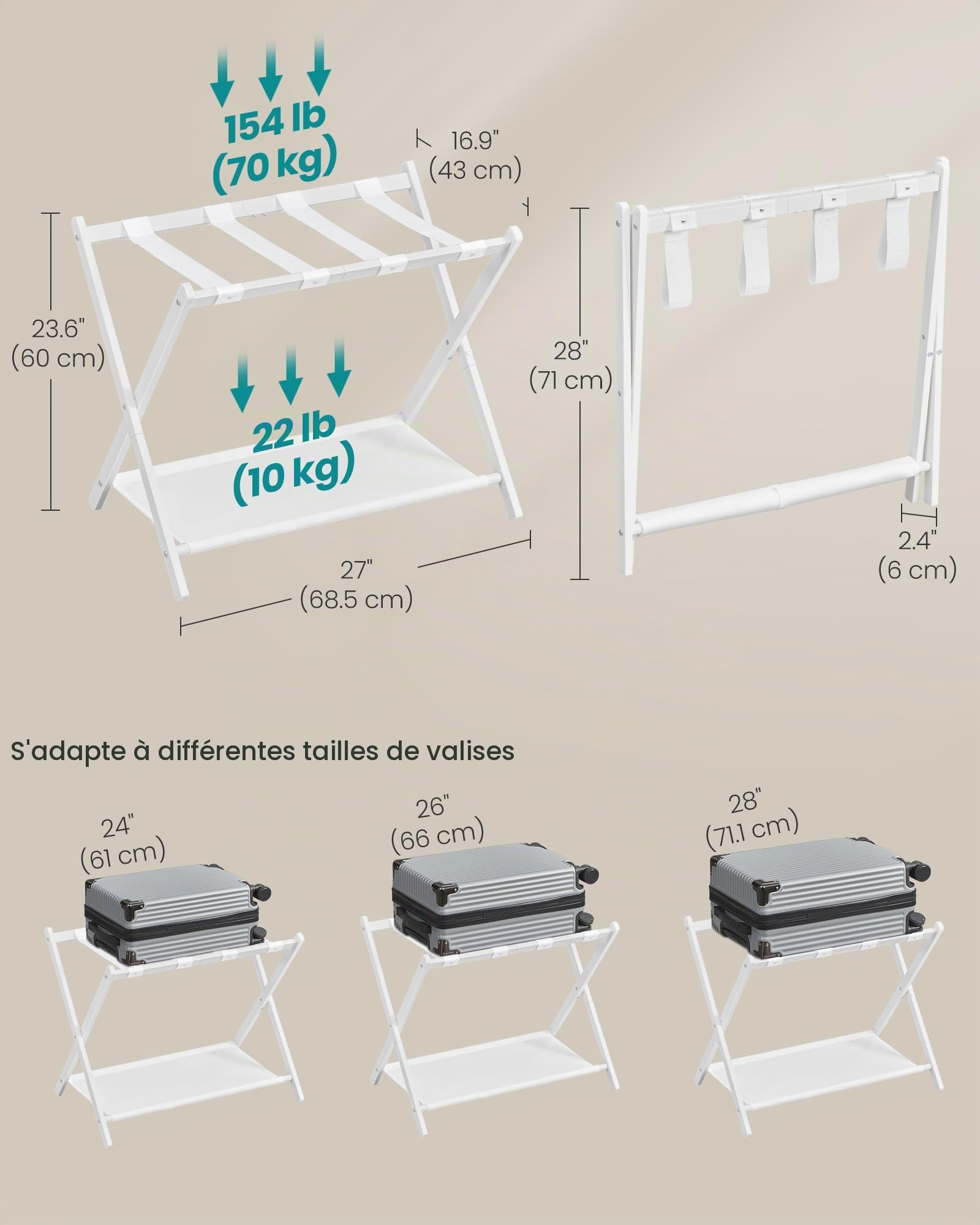 SONGMICS Lot de 2 porte-bagages pour chambre d'amis, support de valise avec étagère de rangement, cadre en acier, pliable pour un rangement facile, hôtel, chambre à coucher, blanc nuage URLR003W02
