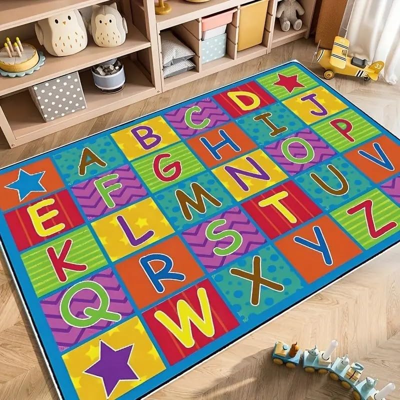 SMXVRC ABC Alphabet Puzzle Rug for Kids Room, 180x260cm, Colorful Printing Learning Alphabet Floor Carpets, Rubber Backed Washable Reduce Noise Dirty Resistant Home Decorative Mat for Bedroom