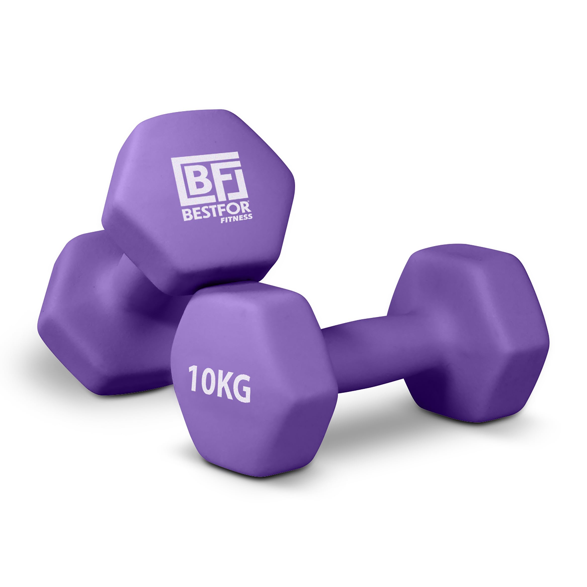 Bestfor Pair of 10kg Hex Anti Roll Non Slip Neoprene Dumbbell Weights For Exercise, Fitness, Workouts, Lifting with Exercise Chart