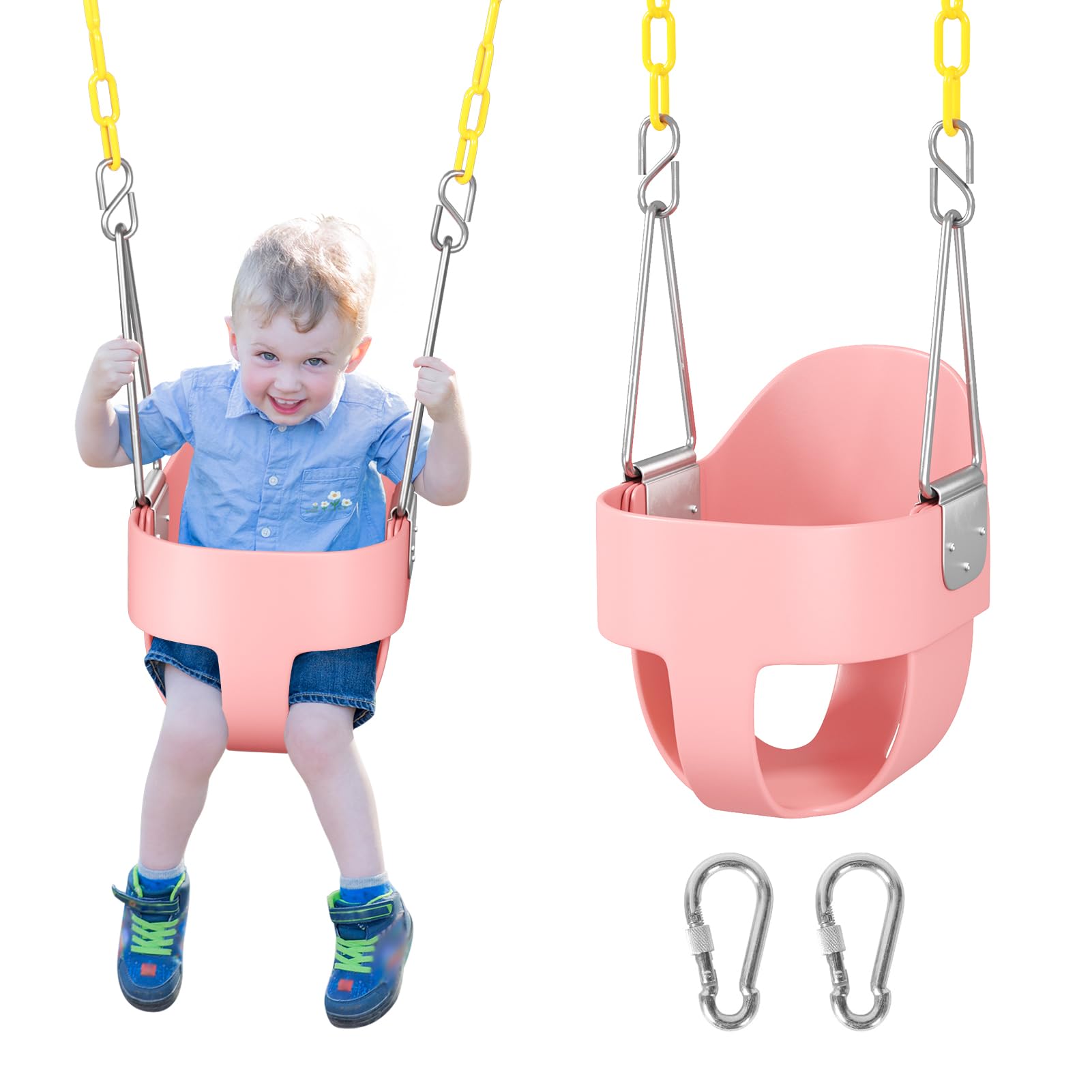 Photo 1 of DECORLIFE Toddler Swing - High Back Full Bucket Seat for Ages 1-3, 330lb Capacity, Baby infant Swing Outdoor with Safety Design, Plastic-Coated Chains, Carabiners for Backyard, Playground, Garden-Pink