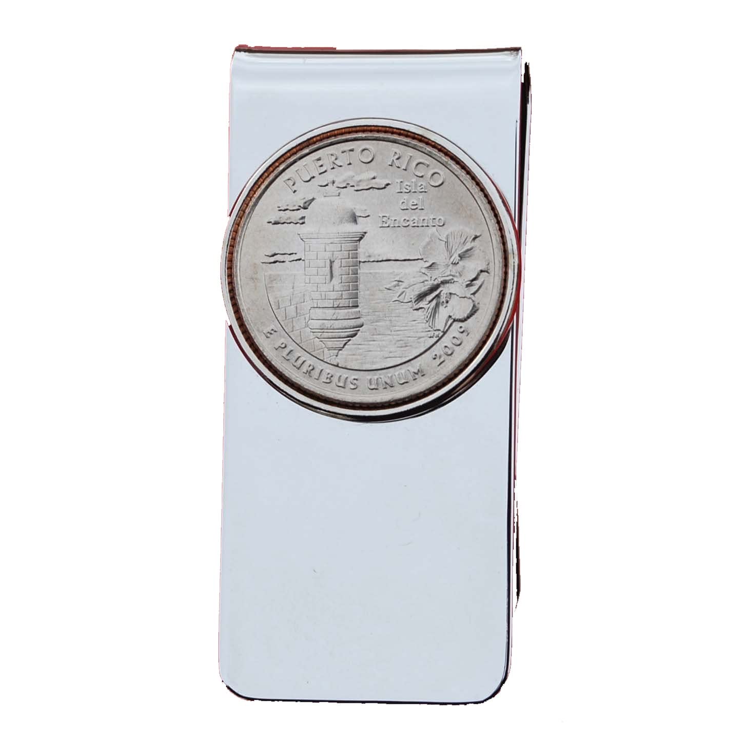 US 2009 D.C. & U.S. Territories Puerto Rico Quarter BU Uncirculated Coin Solid Brass Silver Tone Money Clip New - High Quality