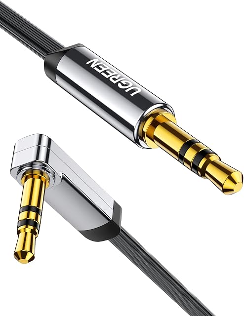 UGREEN Aux Cable Right Angle 3.5mm to 3.5mm Audio Lead Headphone Mini Jack Male to Male Auxiliary Stereo Cord Flat 90 Degree Compatible with Car TV PC Phone Laptop MP3 iPod Amp Speaker Soundbar(1M)