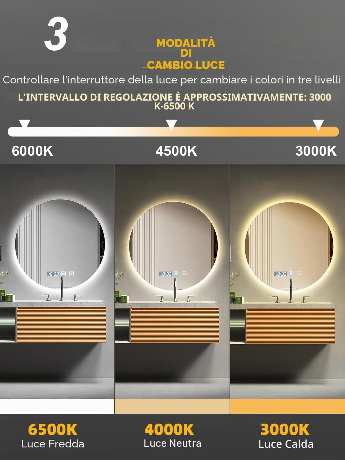 Specchio Bagno con Luce, rotondo a LED, 60 x 60 cm, da parete, anti-appannamento, luce dimmerabile in 3 colori, specchio antiappannamento con luci retroilluminate, per bagno