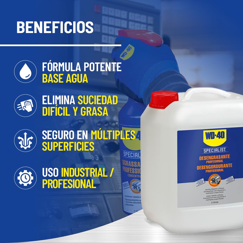 WD-40 Specialist Desengrasante Profesional a Base de Agua – No Inflamable, Acción Rápida, Concentrado y Diluible, Certificación NSF A8 – Bidón 5L para Uso Intensivo e Industrial