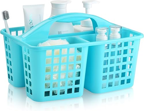 Miniatura 1 de Haundry Cesta de ducha de plástico con 3 compartimentos, organizador portátil de almacenamiento de suministros de limpieza dividido con asa (azul)