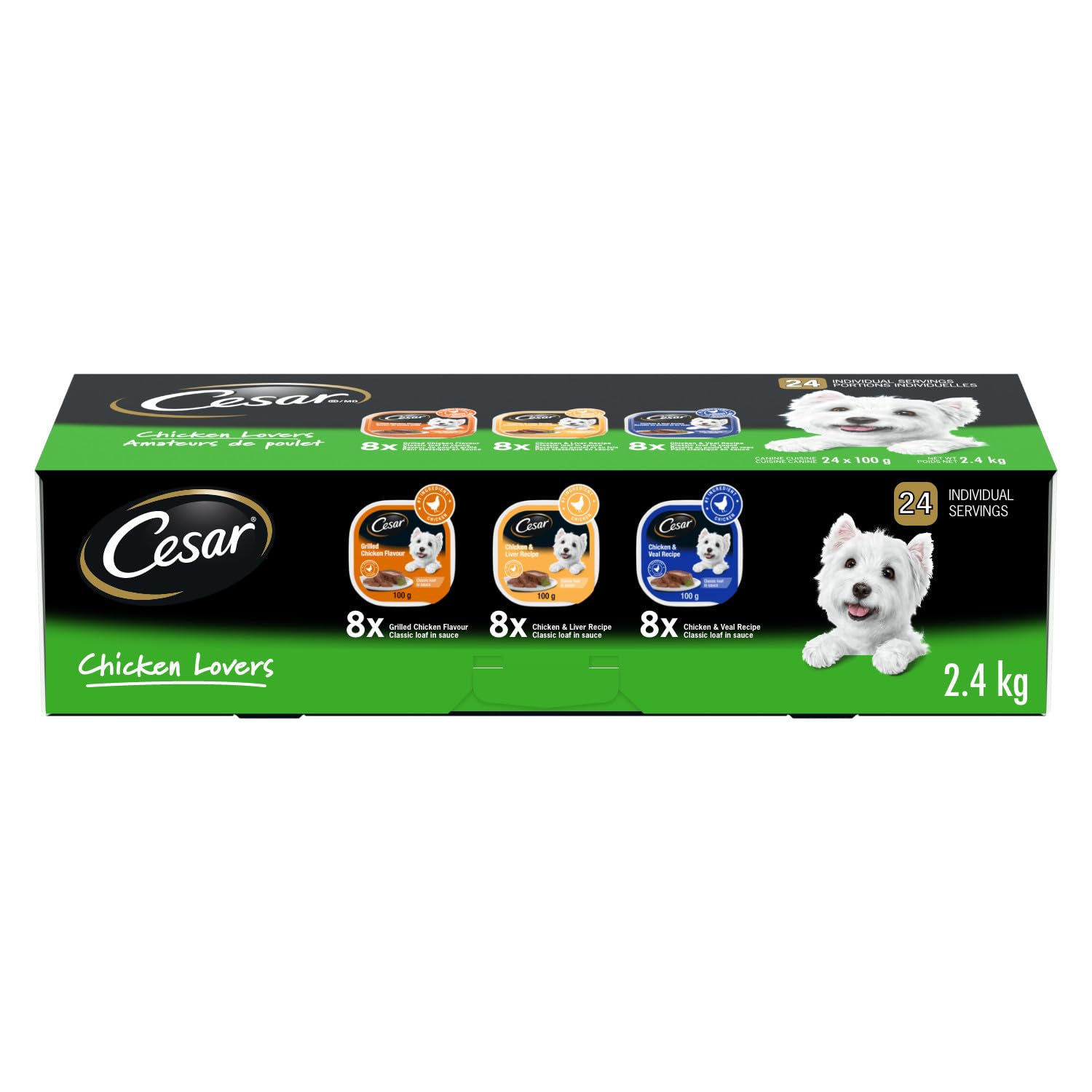CESAR Classic Loaf in Sauce Adult Wet Dog Food Chicken Lovers Variety Pack, 8 Grilled Chicken Flavour, 8 Chicken & Liver Recipe, 8 Chicken & Veal Recipe 24x100g Trays image 6