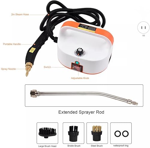 Miniatura 2 de Limpiador de vapor portátil de mano de 1500 W, máquina de limpieza de vapor a presión de alta temperatura con cabezales de cepillo para tapicería,