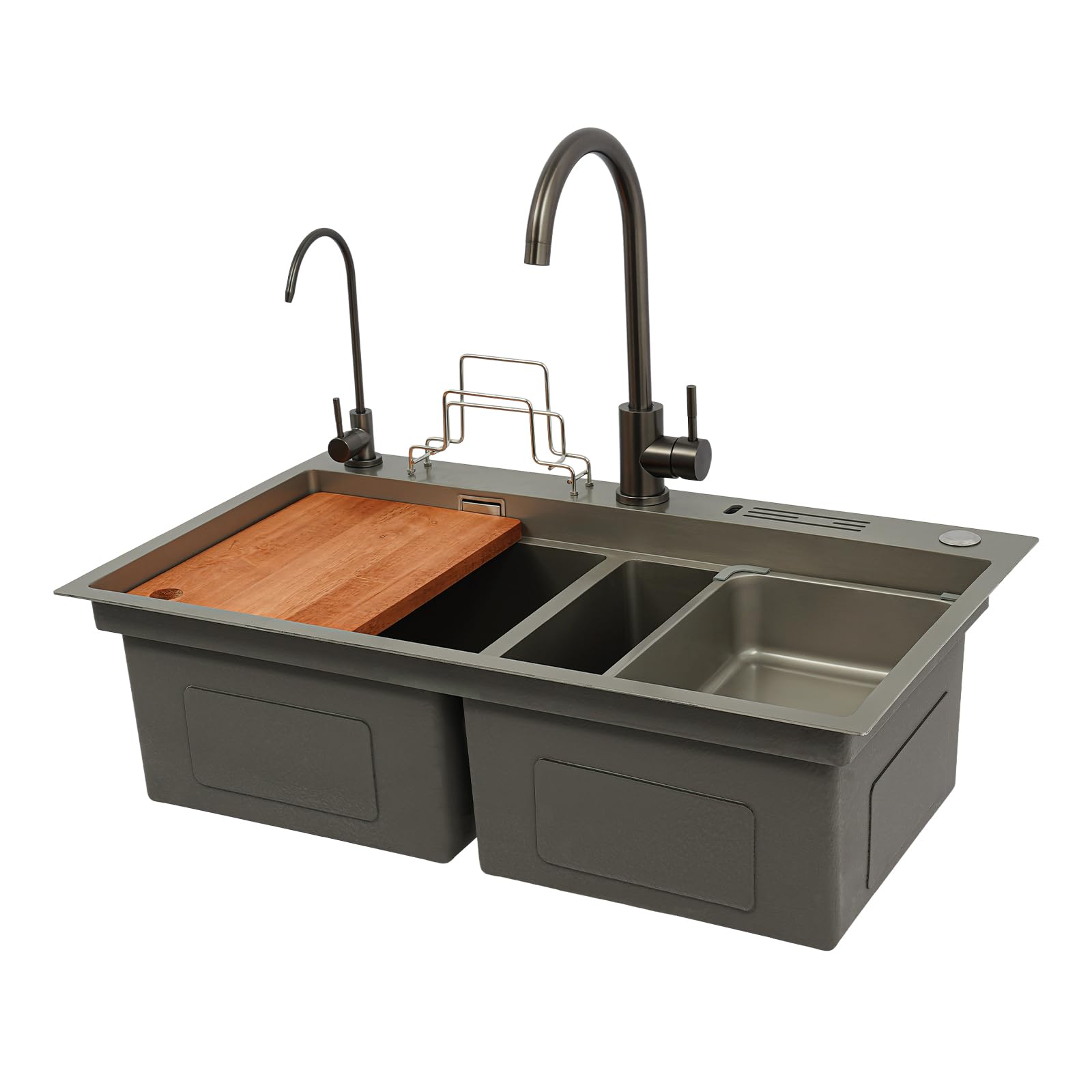 Edelstahl Spülbecken Doppel Spüle, Küchenspüle Auflagespüle mit 2 Becken, Doppelte Küchenspüle mit 2 Wasserhahn, Messerhalter,Schneidebrett, Wasserleitungen (Kanonenmetallgrau, 78x46 cm)