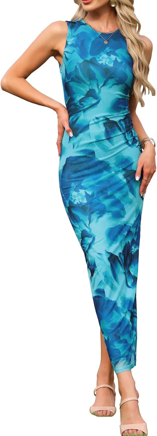 Allegra K Bodycon Dresses for Women Floral Print Sleeveless Ruched Fitted Cocktail Party Wedding Guest Maxi Dress