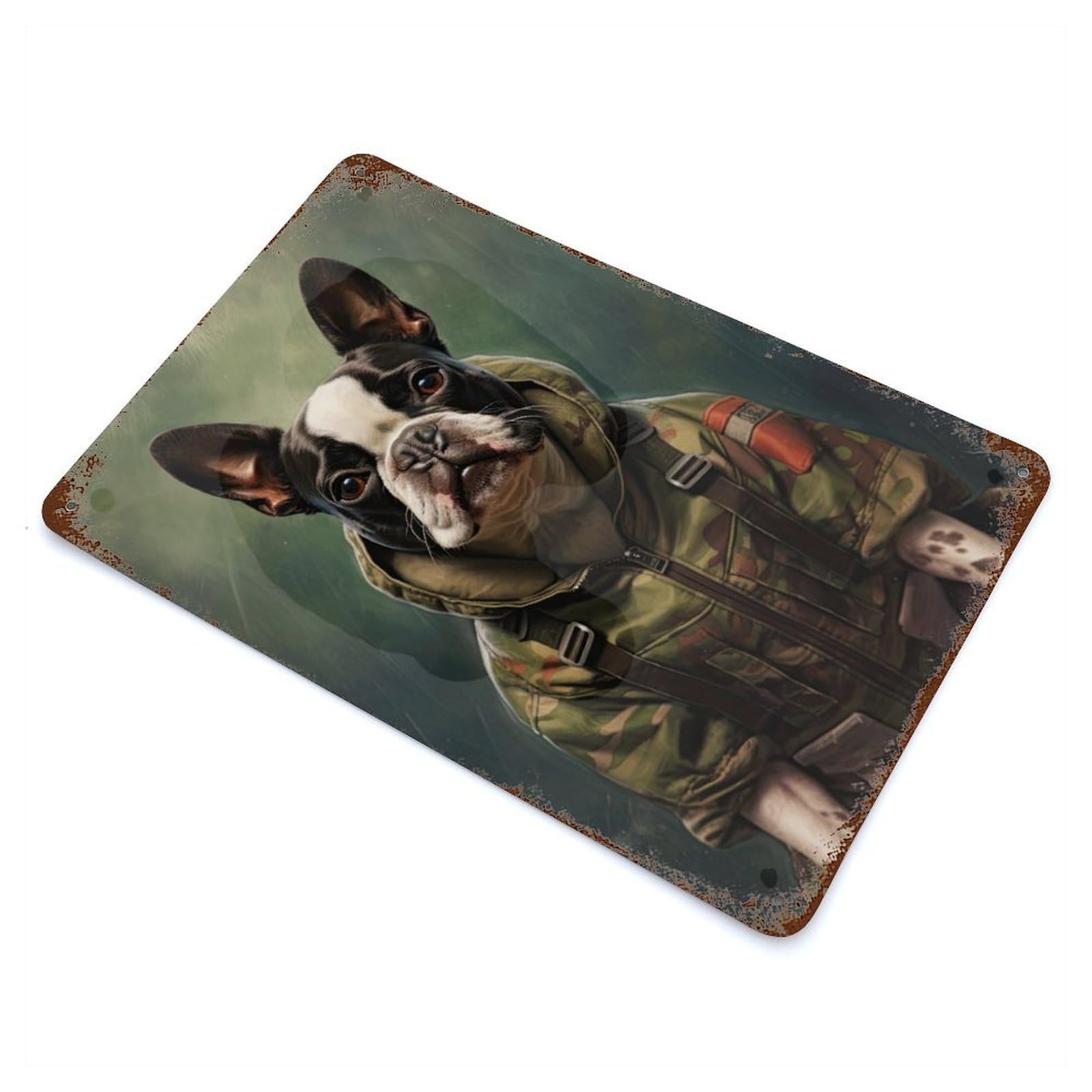 Rust Effect Boston Terrier Camo Jacket Vintage Rust Metal Sign 11.8"x7.9", Classic Wall Plaque for Shed, Workshop And Garage Wall Decor