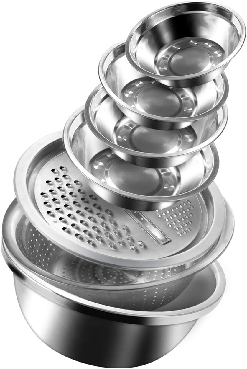 (set of 7) Multifunctional Stainless Steel Basin Grater - Salad Cutter Bowl-4 in 1 Julienne Slicer, Multifunctional Stainless Steel Colander Drain Basket for Cooking, Prepping, Food Storage