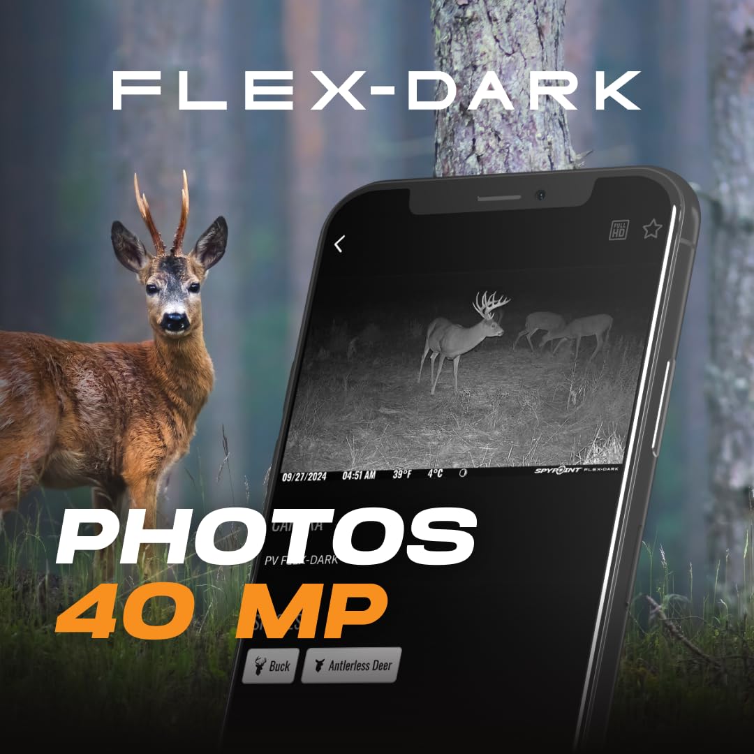 SPYPOINT Flex-Dark Caméra de Chasse cellulaire 40MP, vidéo 1080p avec Son, Vision Nocturne sans Lueur, détection 30 m, sans Wi-FI, Infrarouge Invisible, pour Sentier et gibier | SIM préactivée, 8 piles AA requises, Sangle incluse, Détection 30m, Compatibl