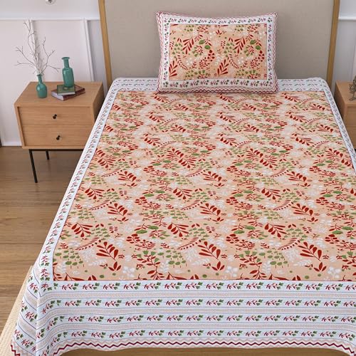 Image of 100% Cotton Single Bedsheet with 1 Pillow Cover | 240 TC Pure Cotton Flat Bed Sheet | Traditional Jaipuri Printed Bedding Set | Soft & Breathable | 60 x 90 Inch (Rangmahal Single 24)