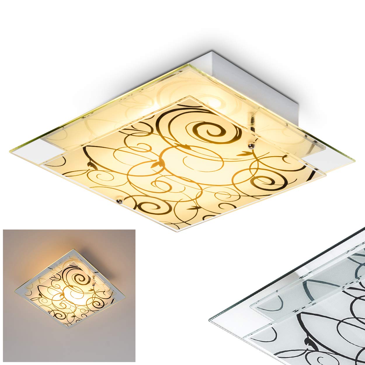 Square Ceiling Light, Floral Decor, Matte White/Black, Ceiling lamp with Glass Shade, 2 x E27 Socket, max. 60 Watt, for Living Room, Bedroom, Kitchen, Hallway