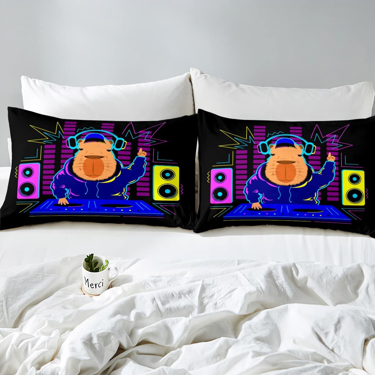 Cartoon Capybara Duvet Cover Set Double Size, Music Theme Comforter Cover with 2 Pillowcases - Image 4