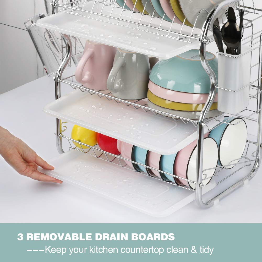 PUiKUS 3Tier Dish Drying Rack with Removable Utensil Holder & Cup