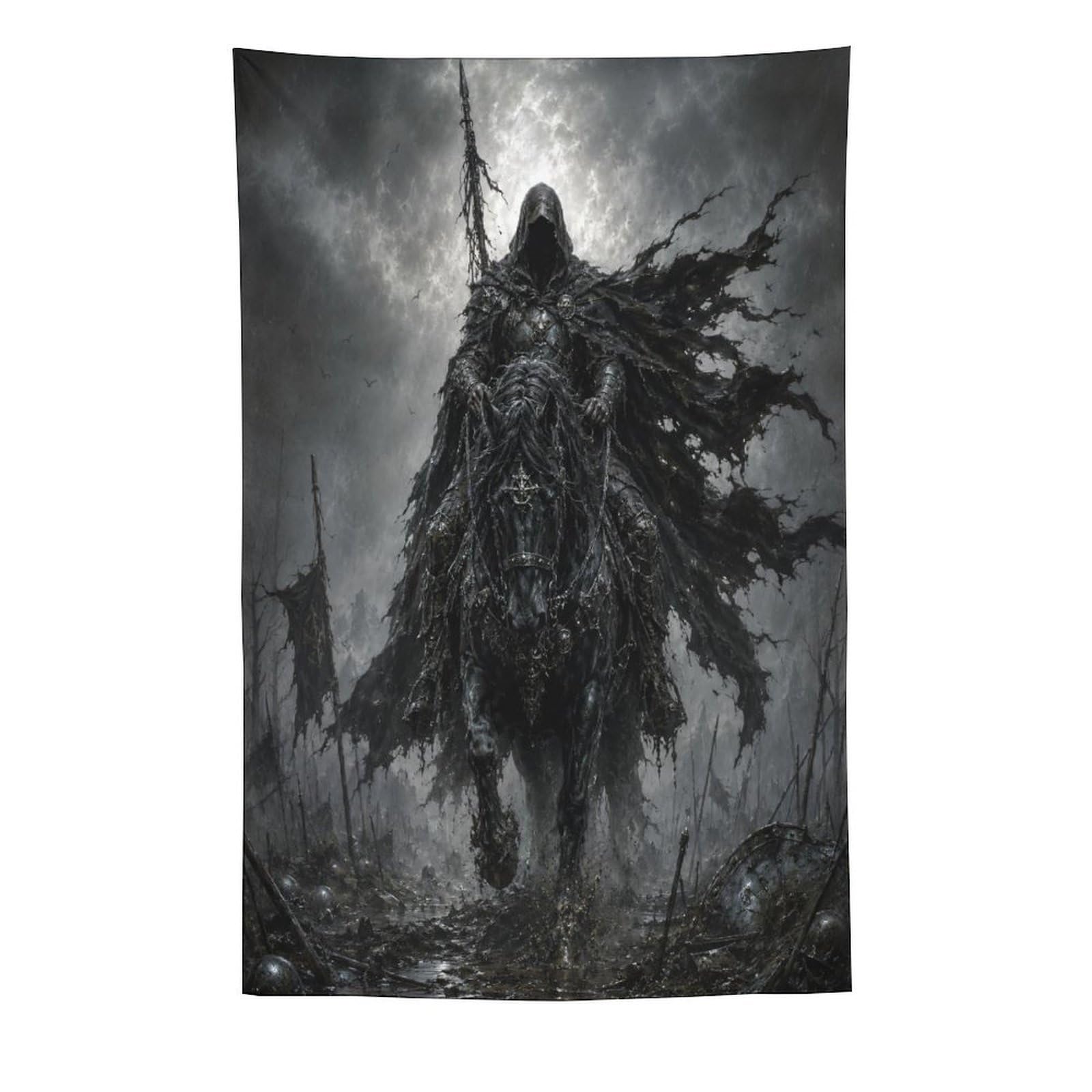 H3B8U2Y5 Black Armored Horseman Wall Tapestry, Medieval Fantasy