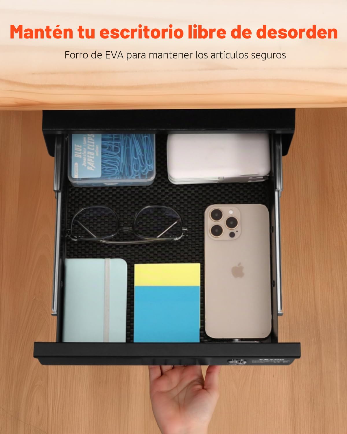 VEVOR Cajón Deslizable Debajo del Escritorio con Cerradura, Organizador de Almacenamiento Oculto, 365 x 335 x 185 mm