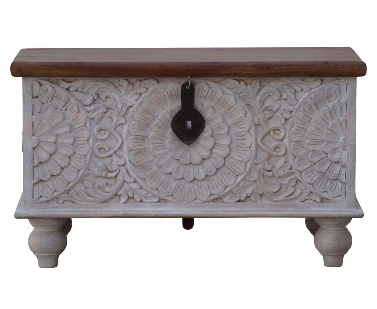 Wooden Storage Trunk, Carved Trunk, Coffee Table with Storage, Center Table, Deccorative Box, Blanket Box for Bedroom, Carved Floral Design, Distressed White Finish, Solid Wood with Iron Latch.-image-4