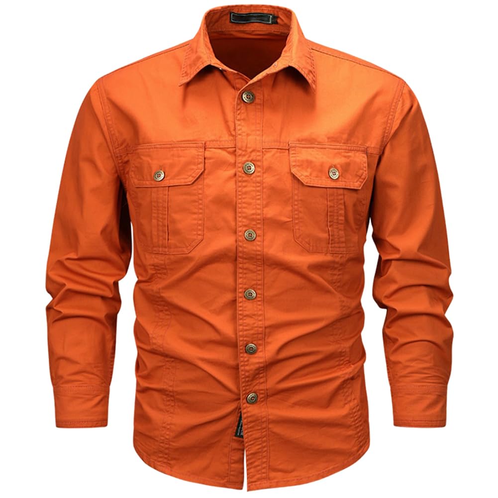 Hombre Camisas de Trabajo de Algodón, Ropa de Militar de Manga Larga con Botones,Cargo Shirts, 2 Bolsillos, Regular Fit para Pesca, Tala, Senderismo, Caza
