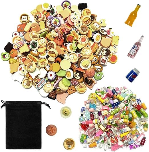 Lot 50 Mini Nourriture Et Boissons – Sac De Rangement Noir – Jeu De Rôle – 2-3 Cm – Dès 3 Ans