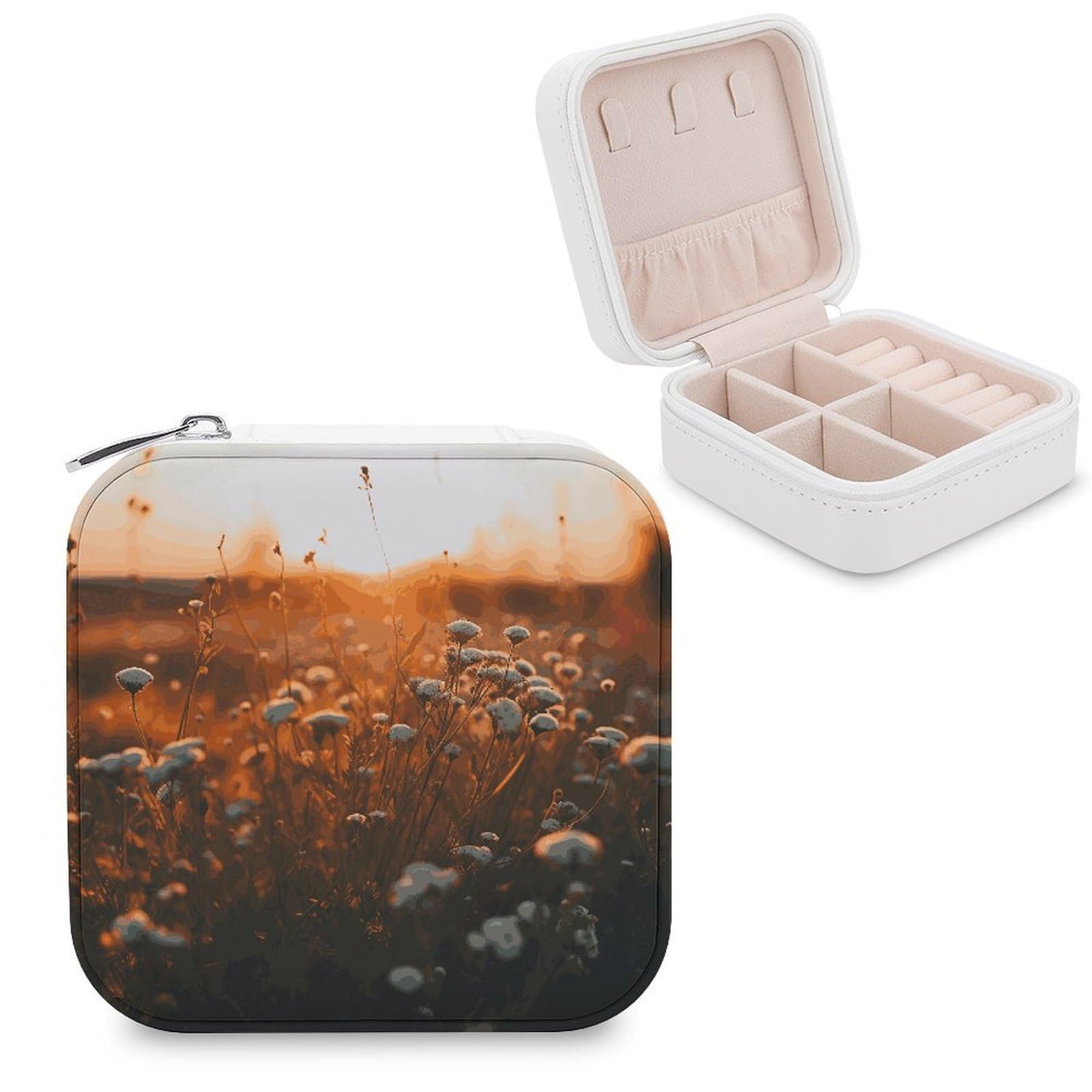 JTREHY Flowers in The Sunset Jewelry Box Personalized PU Jewelry Box Exquisite Jewelrys Organizer Case Small Portable Jewellery Storage Holder for Rings Earrings Necklaces Gifts