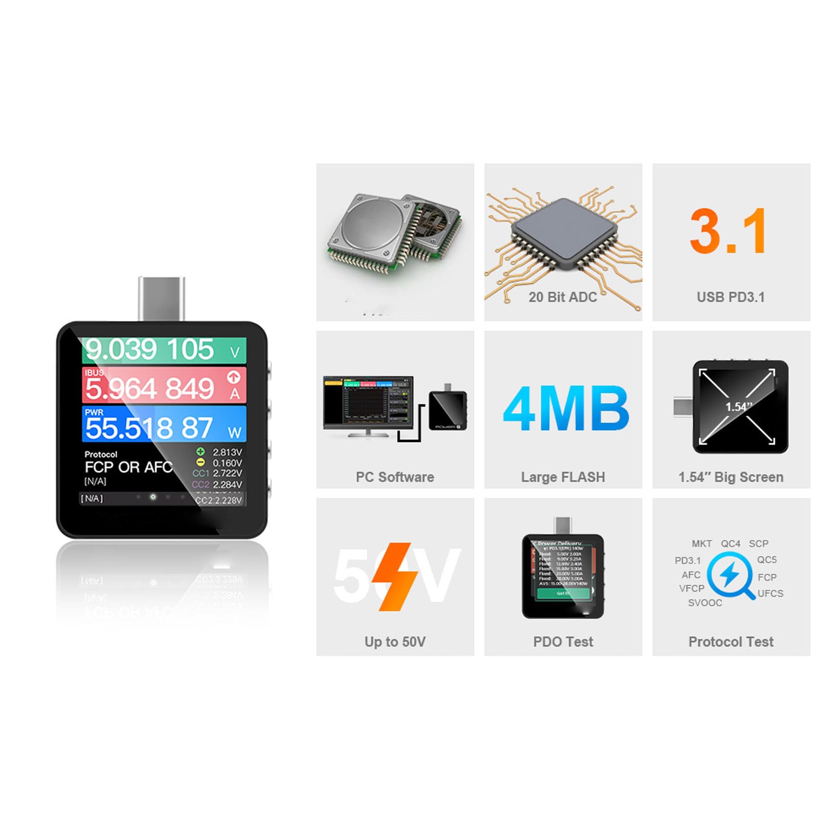 Fafeicy Tester USB C, Przenośny Cyfrowy Miernik Napięcia z Ekranem IPS o Przekątnej 1,54 Cala do Szybkiego Testu ładowania, Obsługa USB PD3.1 QC5.0 Thunderbolt 3/4 E-Marker