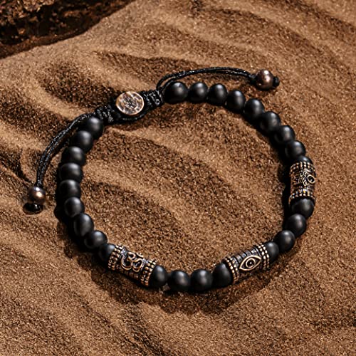 KARMA AND LUCK - Grounding Force - Triple Protection (Om, Hamsa & Evil Eye) Symbols Genuine Gemstones Macrame Bracelet for Men - Ready to Gift for Him. Size: Adjustable from 7" to 9".4