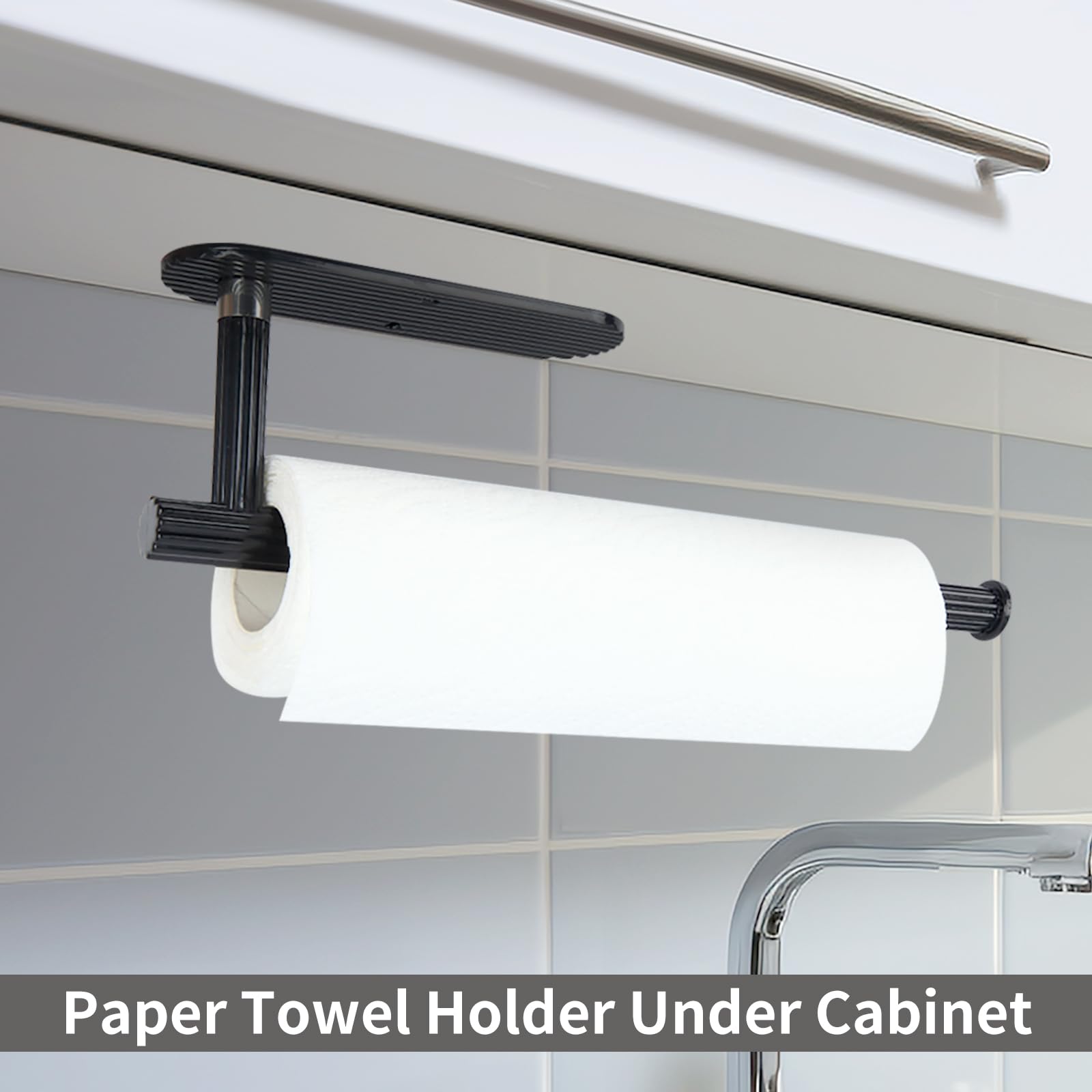 PapakeNook Paper Towel Holder Under Cabinet - Black Paper Towel Rack, Plastic Material,Self Adhesive Paper Towel Holder or Drilling Installation, Suitable for Kitchen, Bathroom, RV(12.8