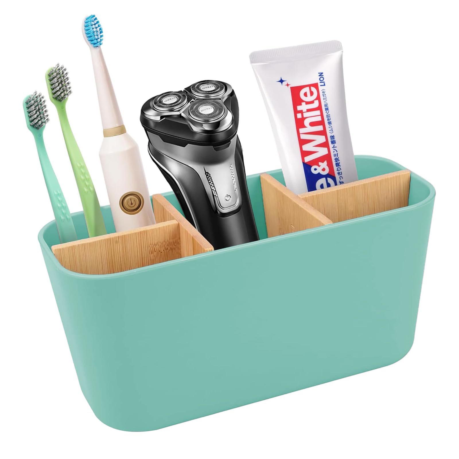 Porte-brosse à Dents En Bambou 5 Compartiments 21x11x10cm - Organiseur De Salle De Bain Noir Avec Séparateurs Amovibles