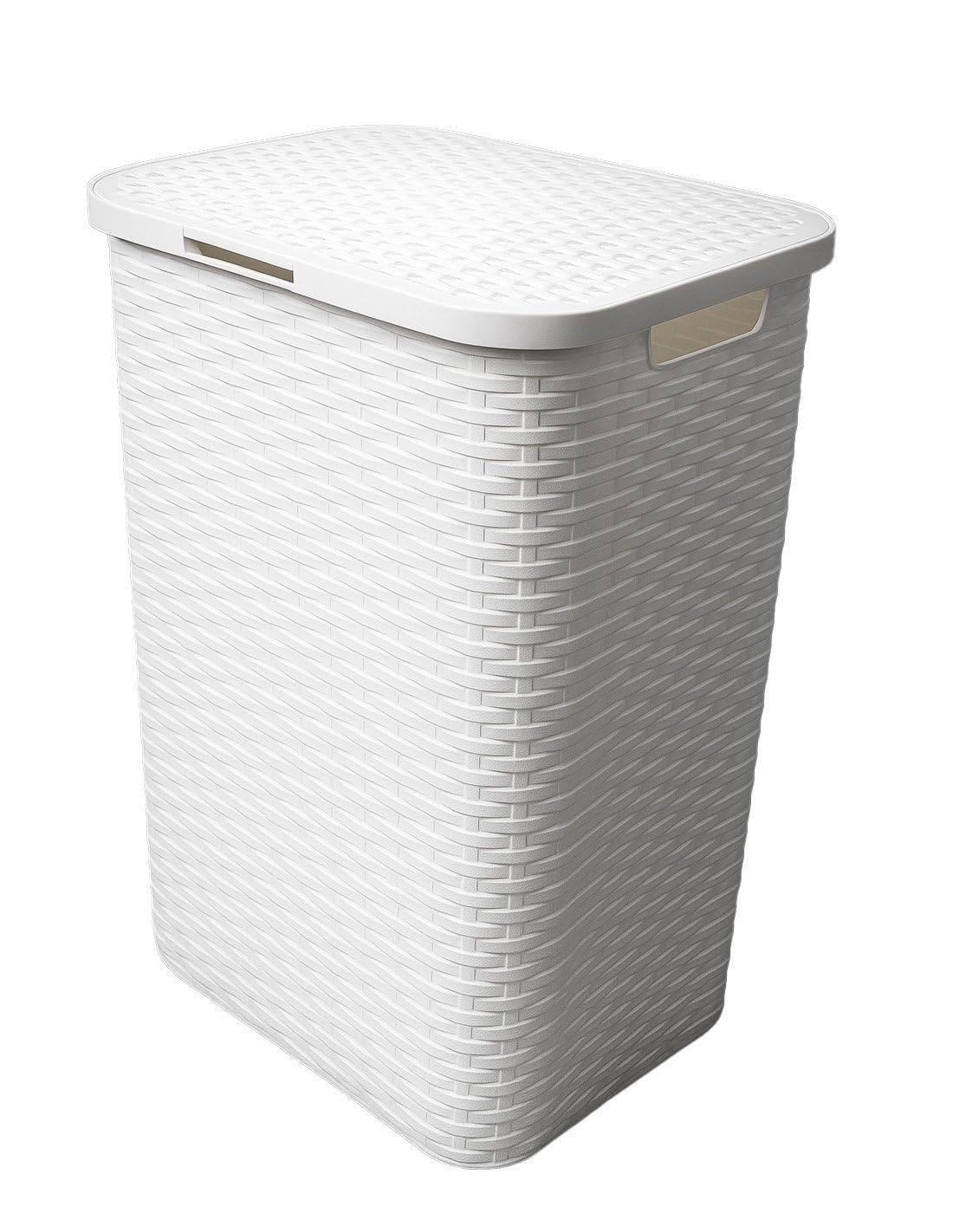 JARDIN202 - Cesto Ropa Sucia Pongotodo con Tapa y Asas | Cesta Colada Plástico Ratán | Cubo Ropa Sucia Ventilado | Baño Dormitorio | 38L/60L | 60 litros (Blanco)
