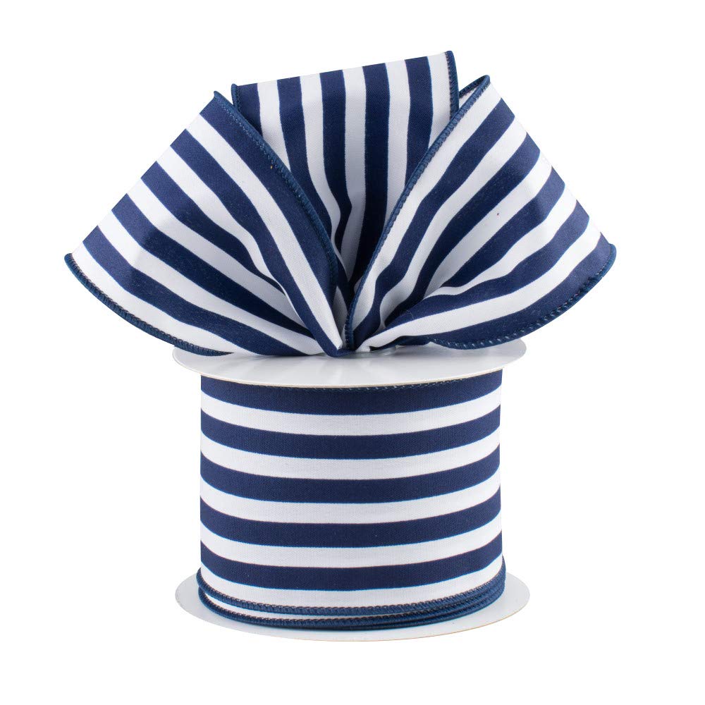 Navy White Stripe Wired Ribbon - 2 1/2